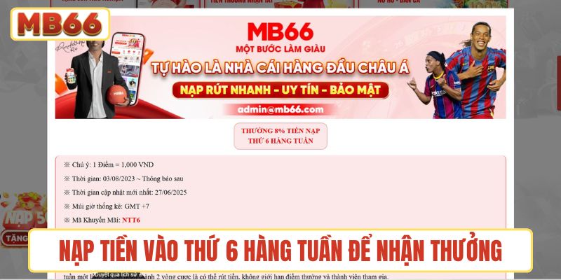 Nạp tiền cược vào thứ 6 hàng tuần để nhận thưởng hấp dẫn