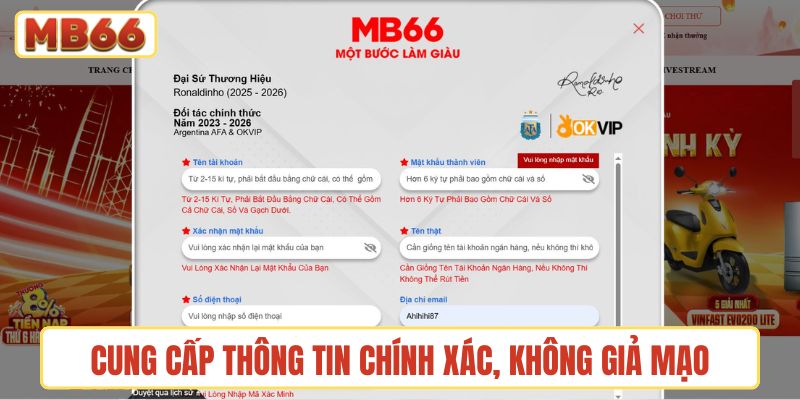 Cung cấp thông tin chính xác, không giả mạo khi đăng ký MB66