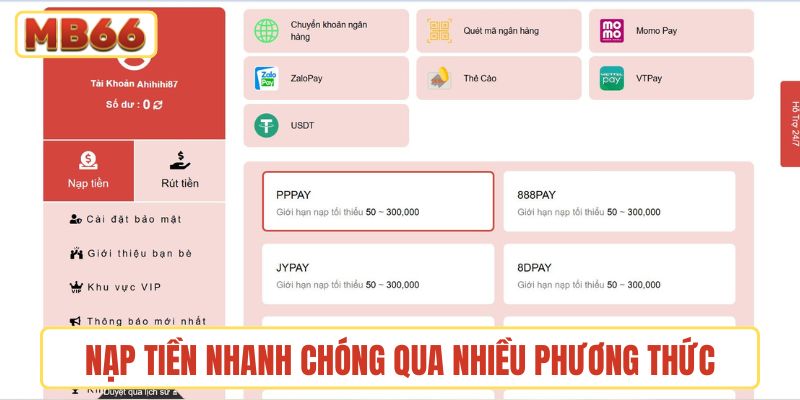 Nạp tiền MB66 nhanh chóng qua nhiều phương thức hỗ trợ